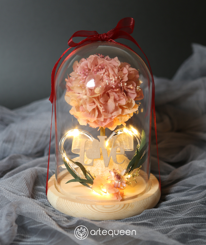 LED Glass Dome with dusty pink hydrangea preserved flower