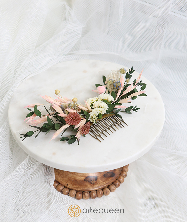 Bridal haircomb made with naturally preserved white pink green mixed flower