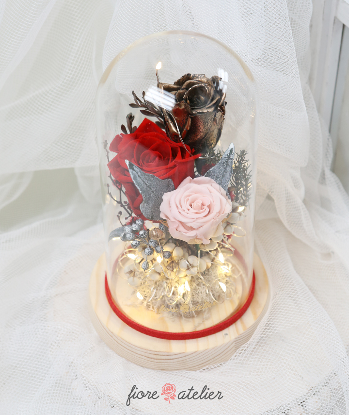hand made glassdome. holiday gift. preserved flower with red pink rose