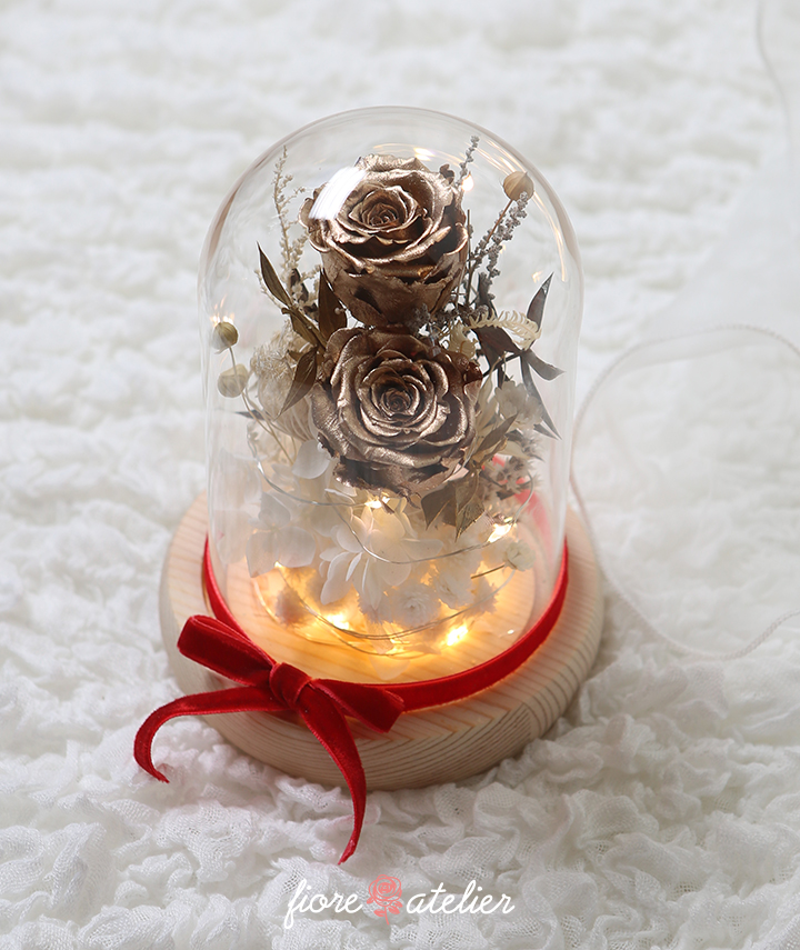 Holiday Glass Dome Handmade with Two Preserved Gold Roses