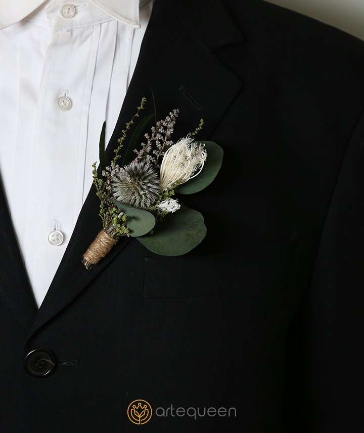 ArteQueen Natural Groom's Wedding boutonniere, Greenery color flower bohemian style, wedding for men