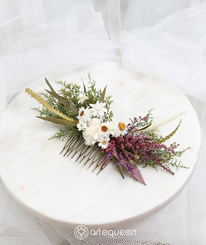 Bridal haircomb made with greenery half purple ammobium flower