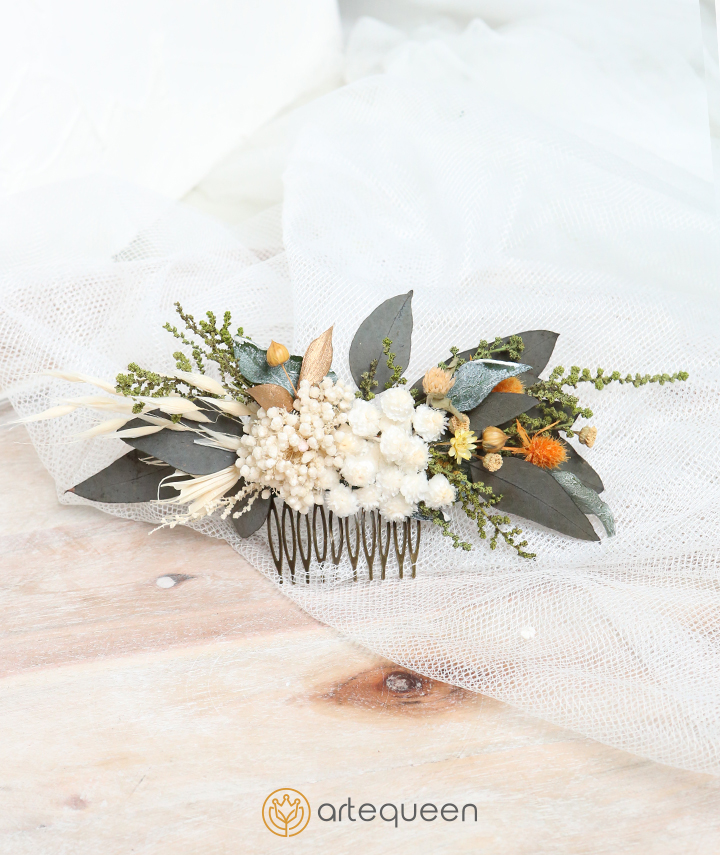 Bridal Haircomb made with naturally preserved greenery immotelle rice flower