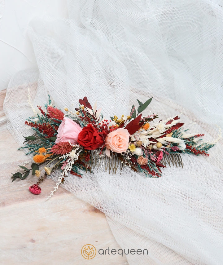 Bridal Haircomb made with naturally preserved large side multi-color roses