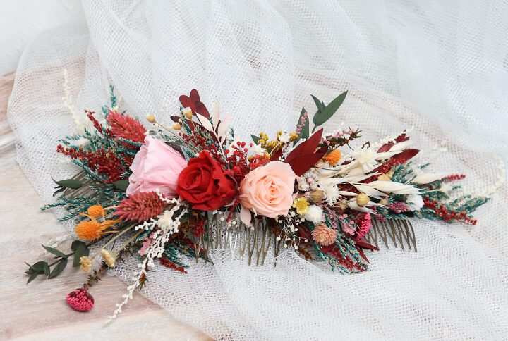 Bridal Haircomb made with naturally preserved large side multi-color roses
