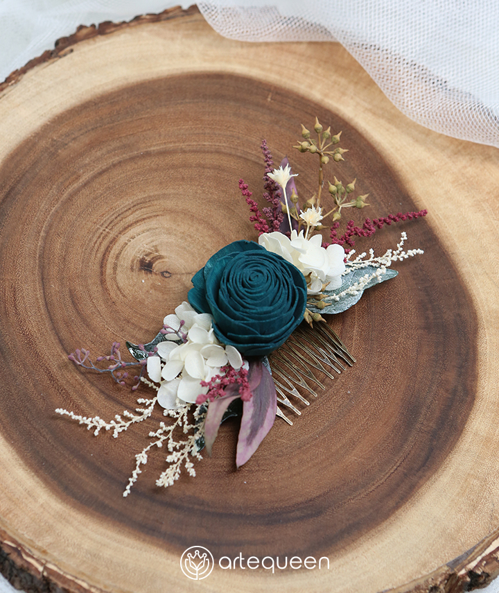 Bridal Haircomb handmade with naturally preserved flower, Peacock color rose