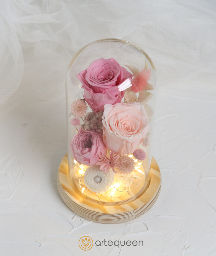 LED Glass Dome with pink trio naturally preserved flower