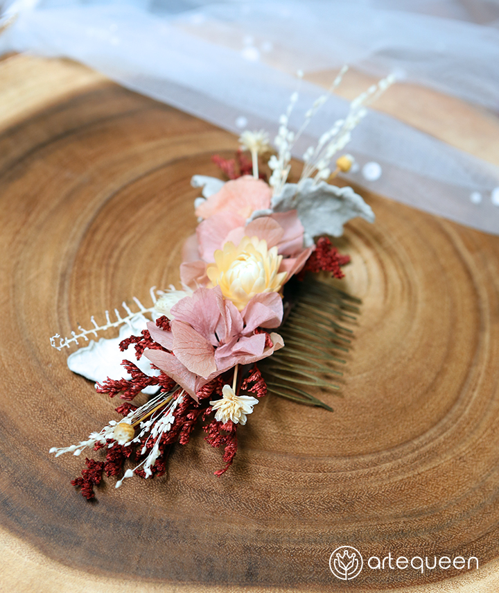 Bridal Haircomb Handmade with Pink preserved hydrangea bridal wedding hair comb