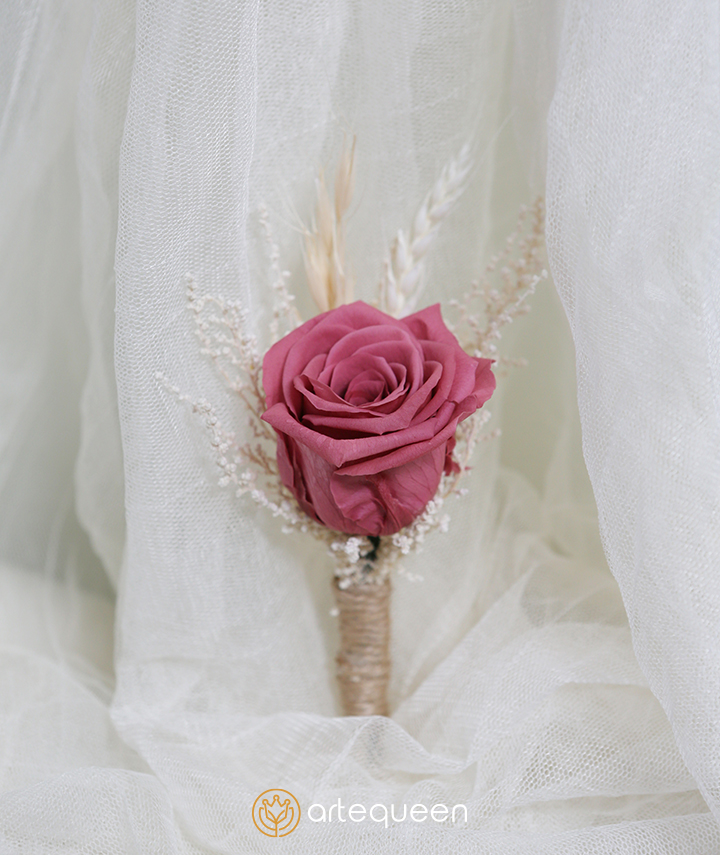 Natural Groom's floral wedding dark pink rose boutonniere