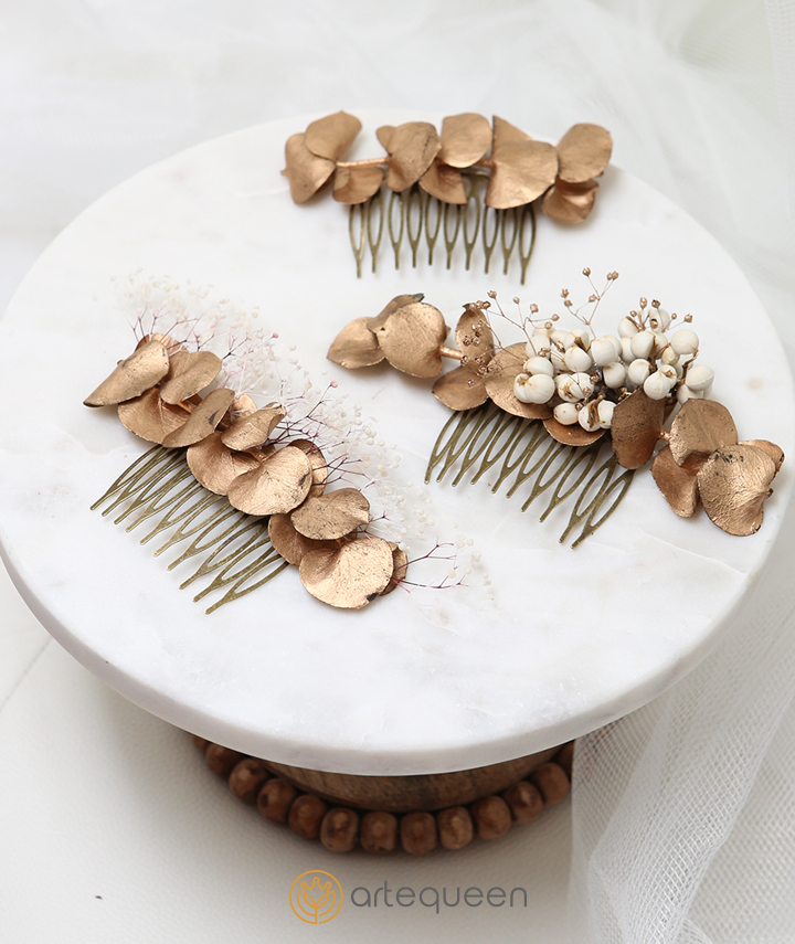 Bridal haircomb made with Naturally preserved gold eucalyptus berry flower