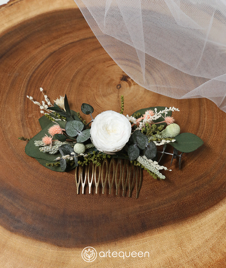 Bridal Haircomb handmade with naturally preserved Greenery flower and white rose