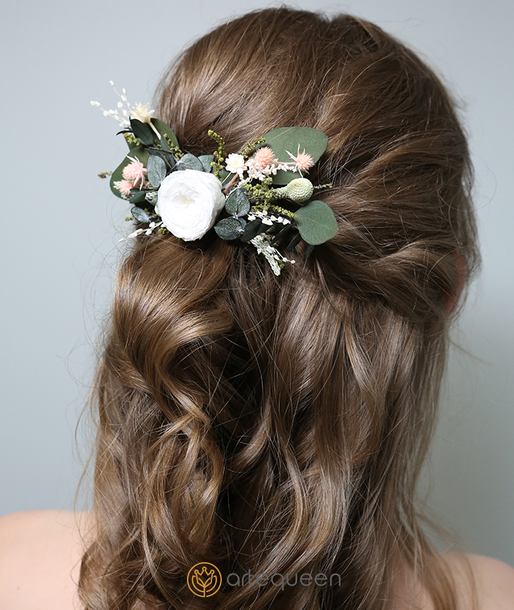 Bridal Haircomb handmade with naturally preserved Greenery flower and white rose