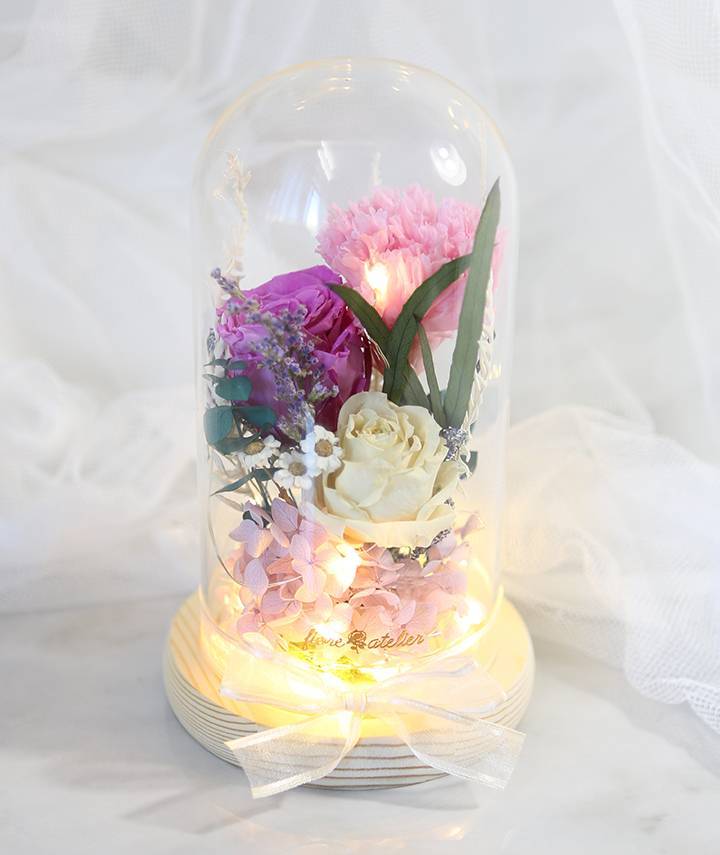 LED Glass Dome with color Purple trio preserved flower