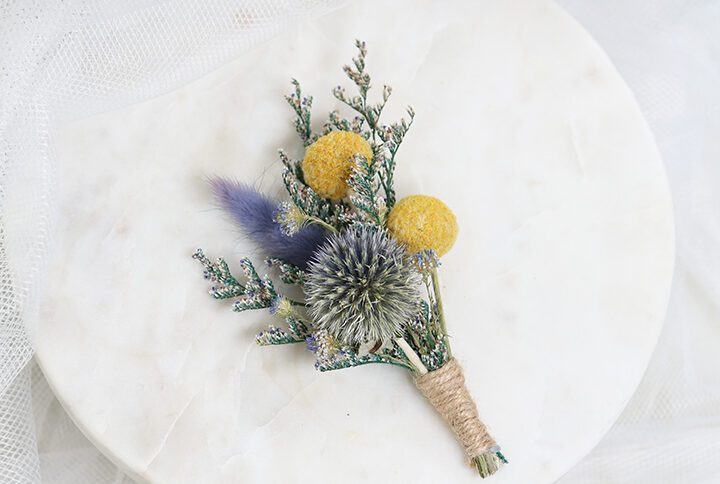 Natural Groom's floral wedding purple&yellow caspia boutonniere