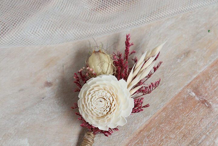 Natural Groom's floral wedding red sola flower boutonniere preserved