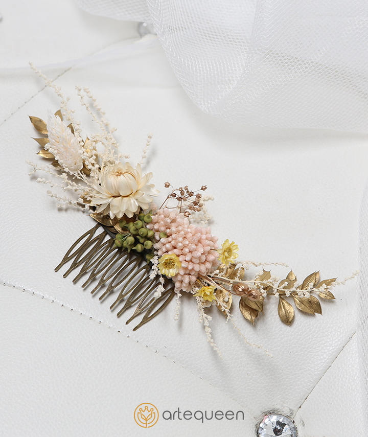 Bridal Haircomb made with naturally preserved gold ruscus rice flower