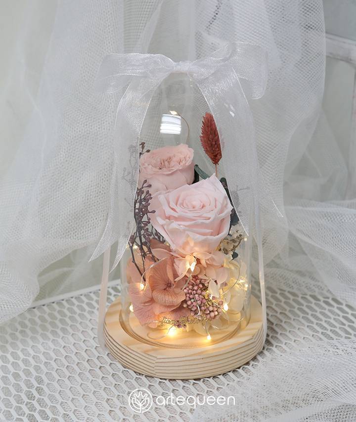 LED Glass Dome with two pink naturally preserved flower