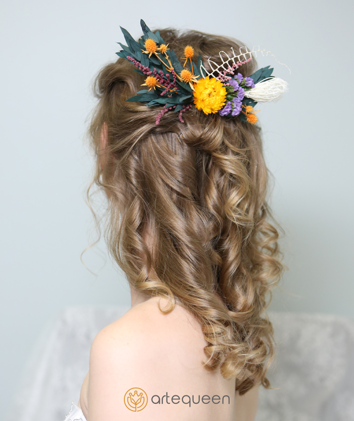 Handmade Bridal Wedding hair comb made with orange strawflower and greenery leaves