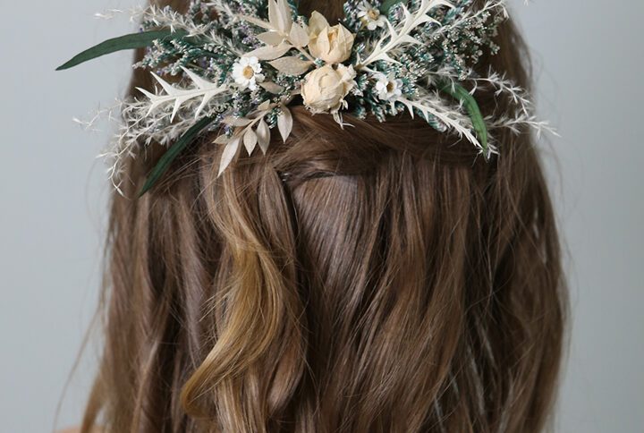 Bridal haircomb made with naturally preserved white & greenery mixed flowers