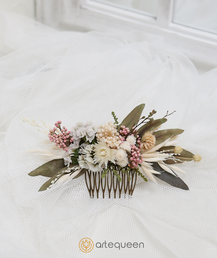 Bridal Haircomb made with Naturally preserved white, pink, green mixed flower