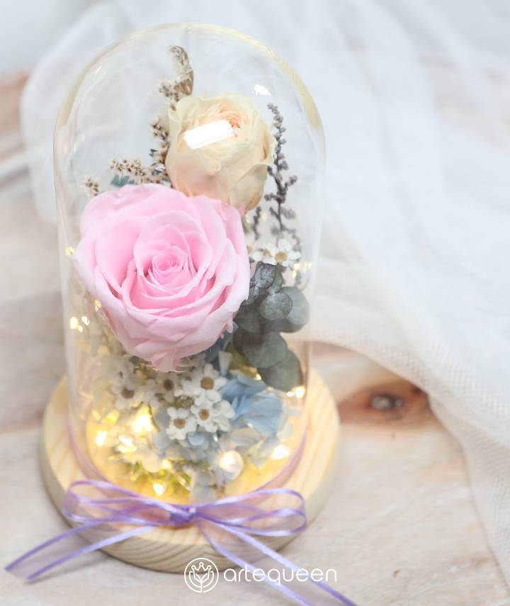 LED Glass Dome with pink & yellow mixed preserved flower