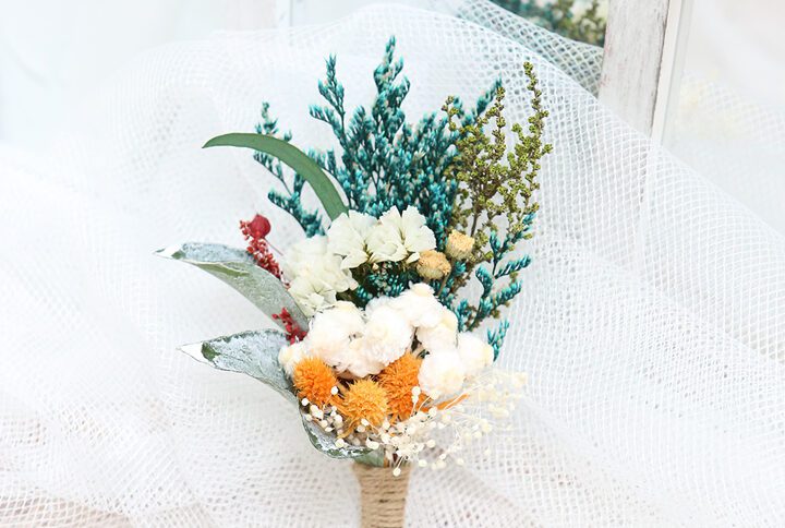 Natural Groom's floral wedding boutonniere, multi color preserved flower