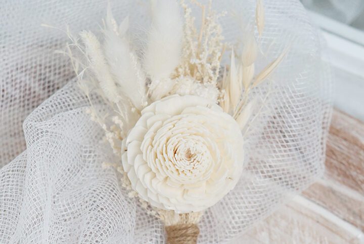 Natural Groom's floral wedding boutonniere, white bunny preserved flower